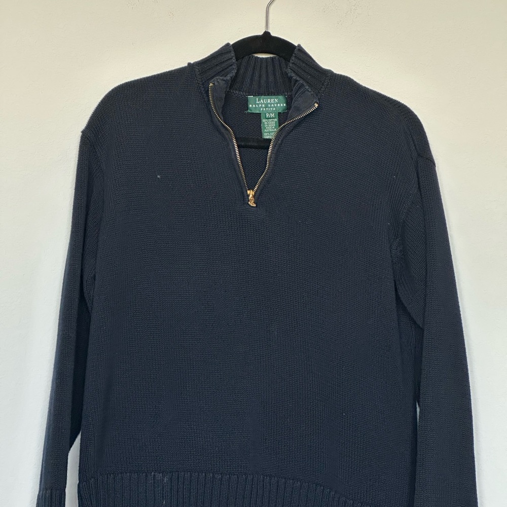 RALPH LAUREN Women‎ Sz Petite M Mock Neck Long Sleeve Quarter Zip Navy Sweater